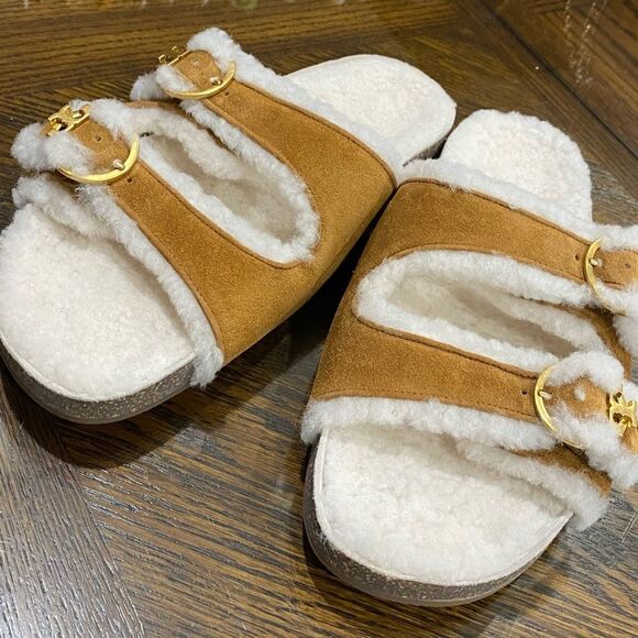 Tory Burch Anatomic Shearling Slides Sandals - Picture 1 of 7